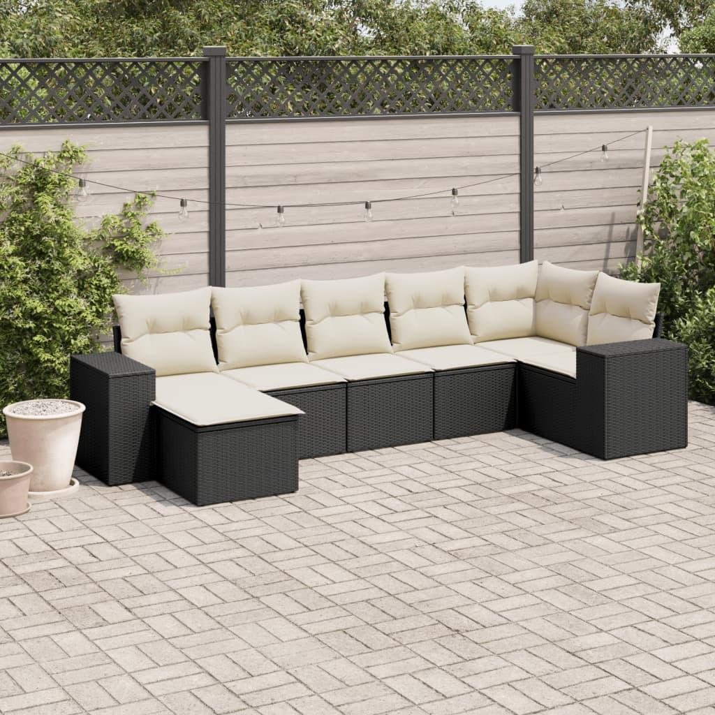 Havesofasæt i polyrattan, 7 dele med hynder - sort/creme billede