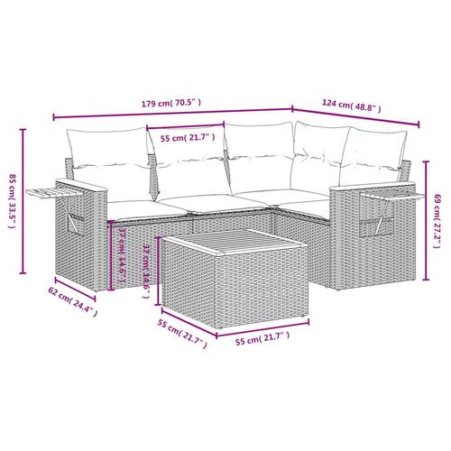 Sofasæt 5 dele med hynder polyrattan grå
