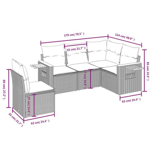 Sofasæt 5 dele med hynder polyrattan grå