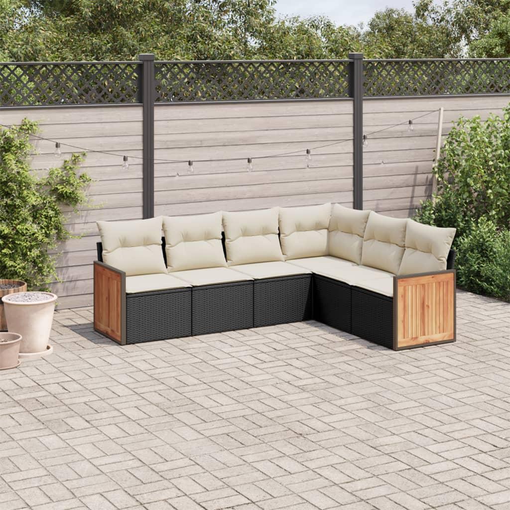 Sofasæt til haven i polyrattan - 6 dele, sort med creme hynder