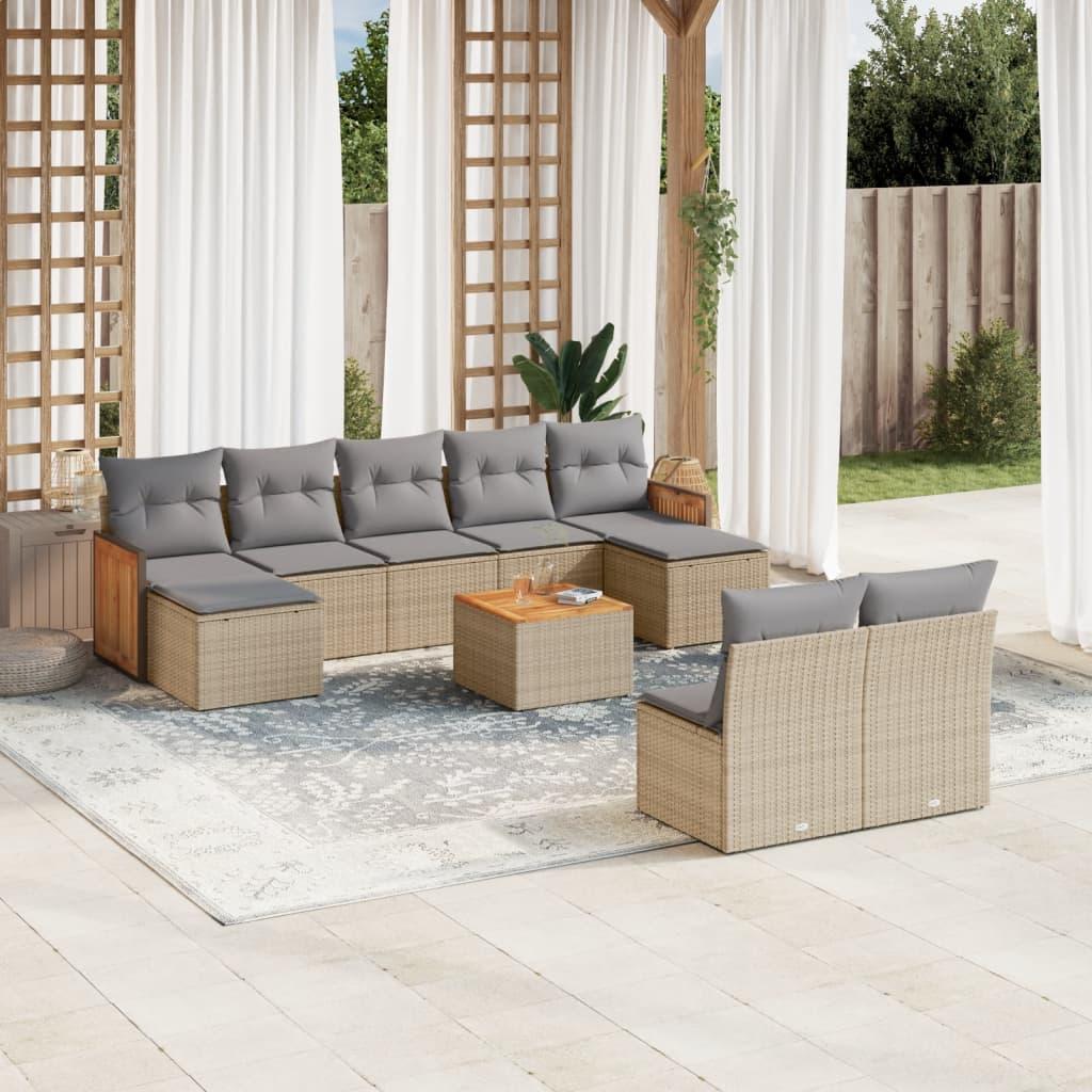 Sofasæt til haven i polyrattan, 10 dele - beige med hynder billede