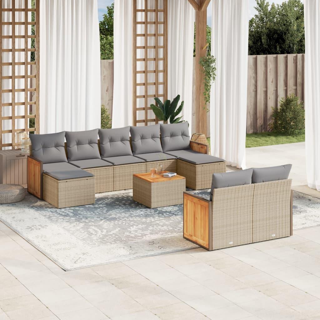 Sofasæt til haven i polyrattan - 10 dele med hynder, beige billede