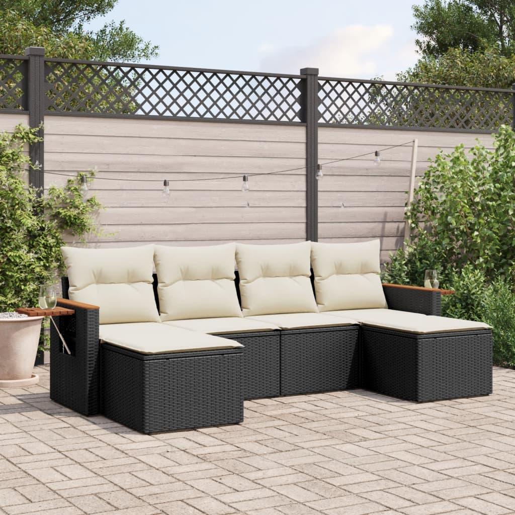Sofasæt til haven i polyrattan - 6 dele med hynder, sort/creme billede