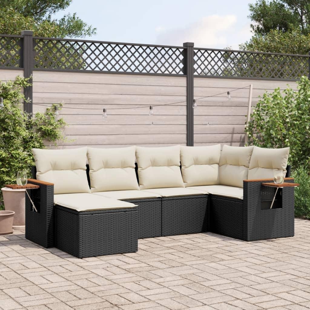 Sofasæt til haven 6 dele med hynder i polyrattan sort