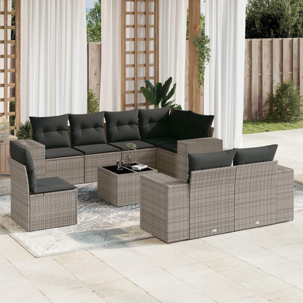 Sofasæt til haven 9 dele med hynder polyrattan grå