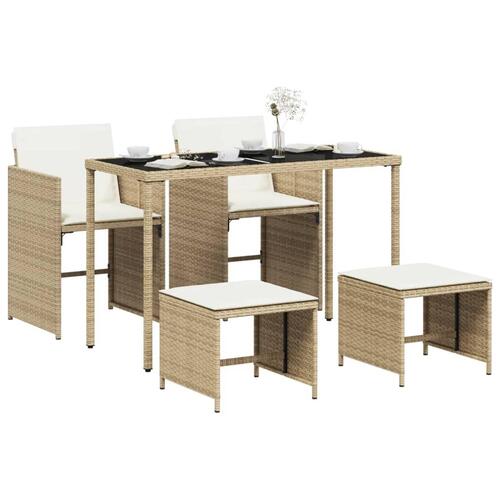 Spisebordssæt til haven 5 dele med hynder polyrattan beige