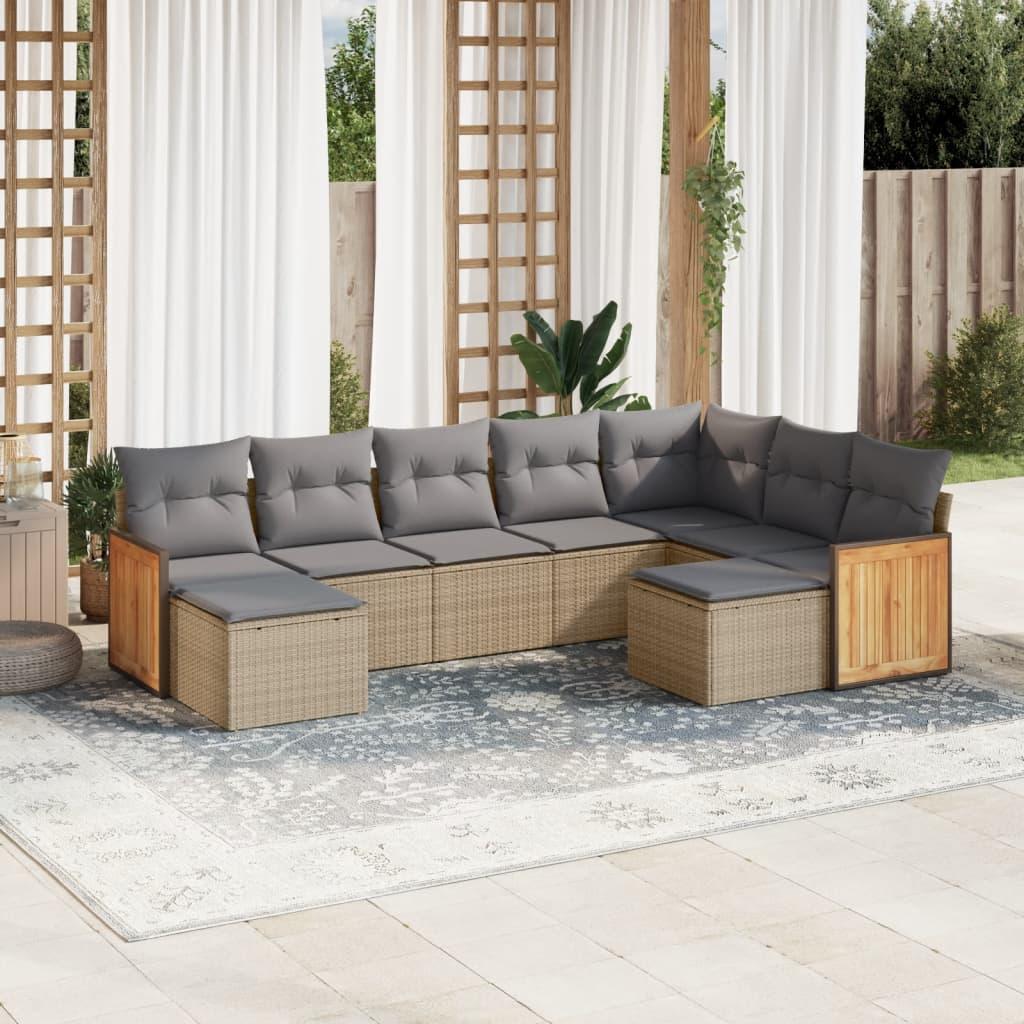 Havesofasæt 9 dele med hynder i polyrattan beige billede