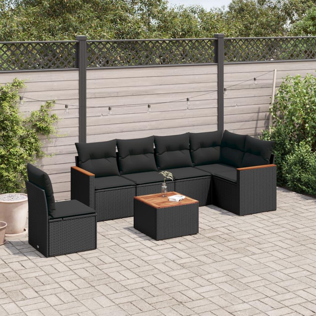 Sofasæt til haven i polyrattan - 7 dele med hynder, sort