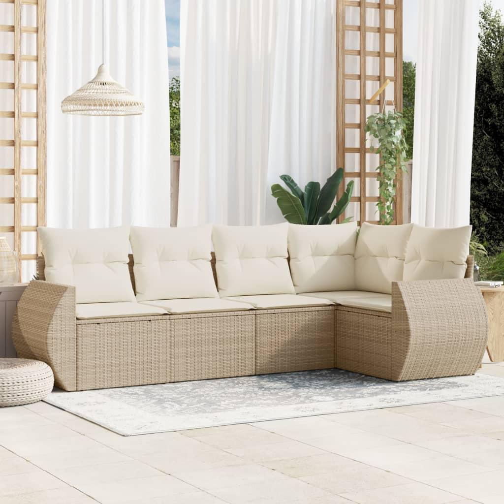 Sofasæt til haven 5 dele med hynder i polyrattan - beige