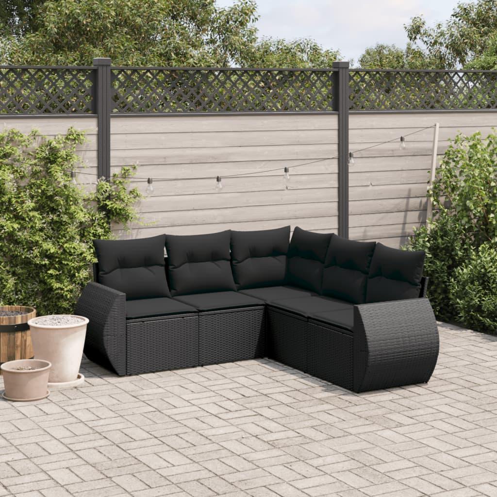 Havesofasæt i polyrattan 5 dele med hynder - sort