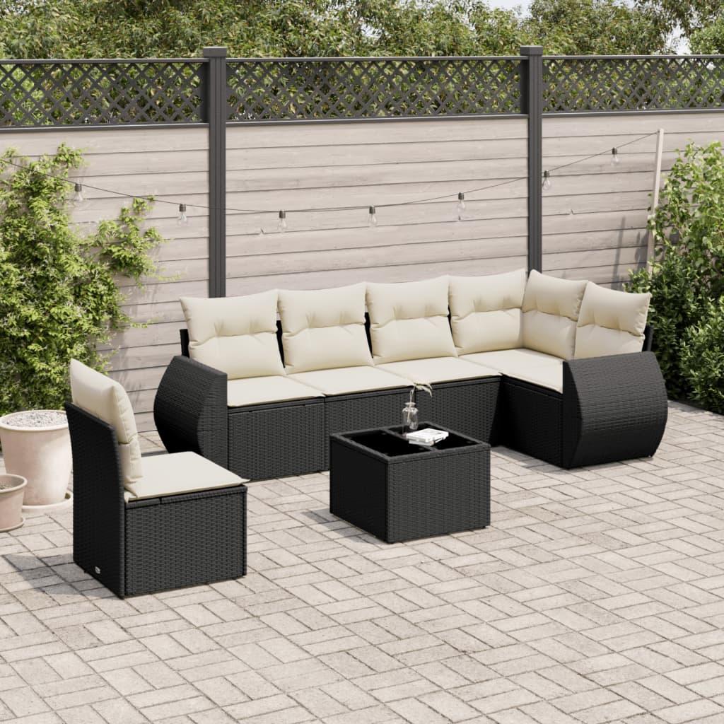 Sofasæt til haven i polyrattan - 7 dele med hynder, sort