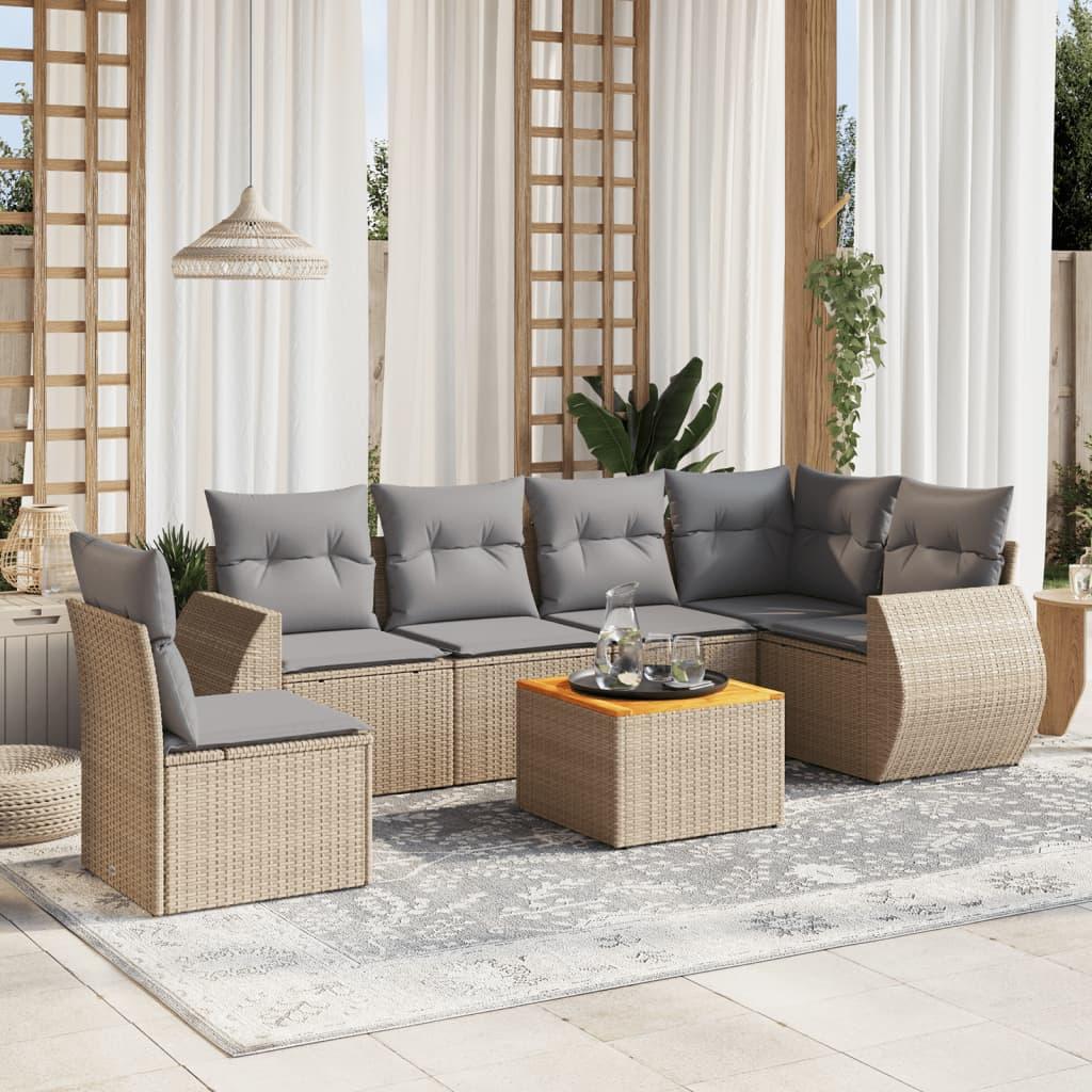 Havesofasæt 7 dele med hynder i polyrattan - beige