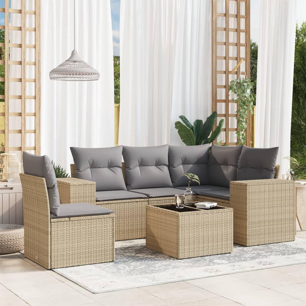 Havesofasæt 6 dele med hynder i polyrattan beige billede