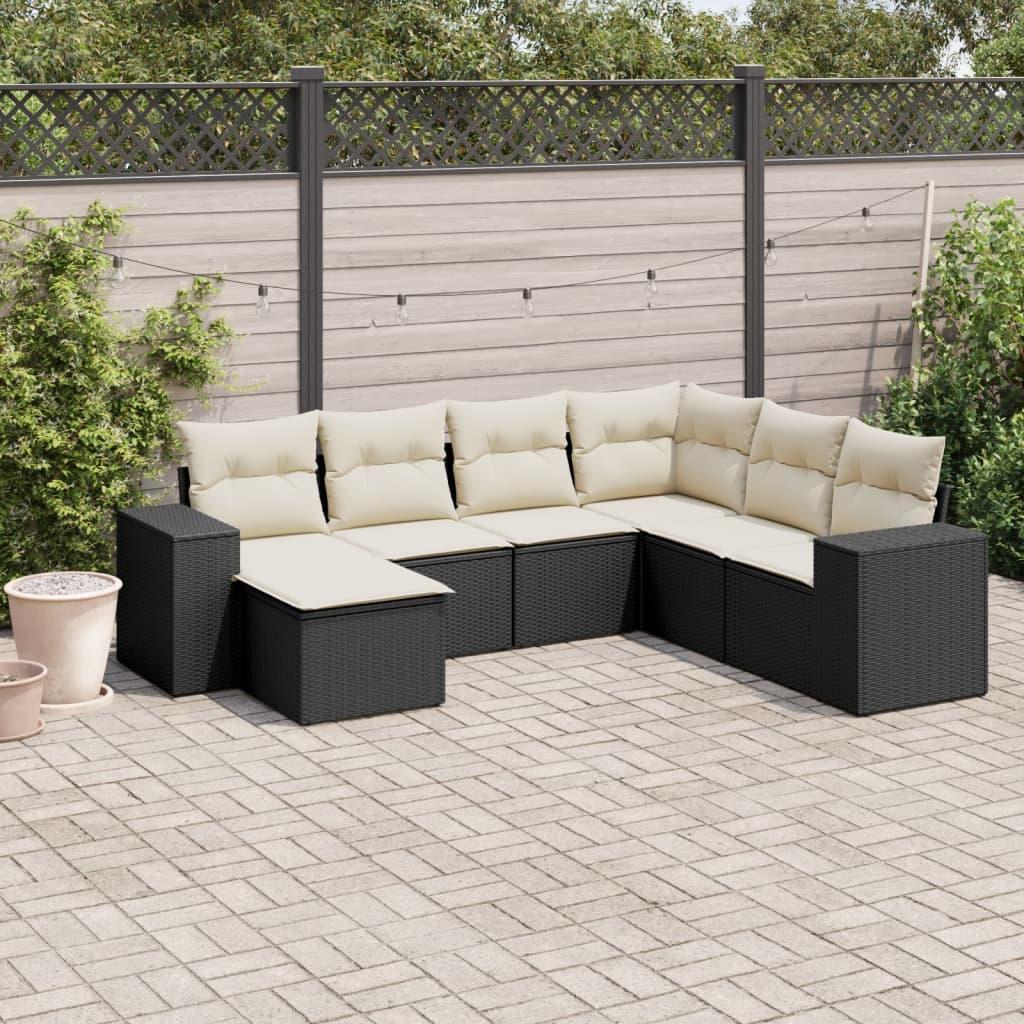 Sofasæt til haven i polyrattan - 7 dele med hynder, sort