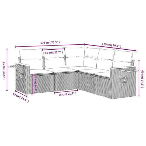 Sofasæt 5 dele med hynder polyrattan grå