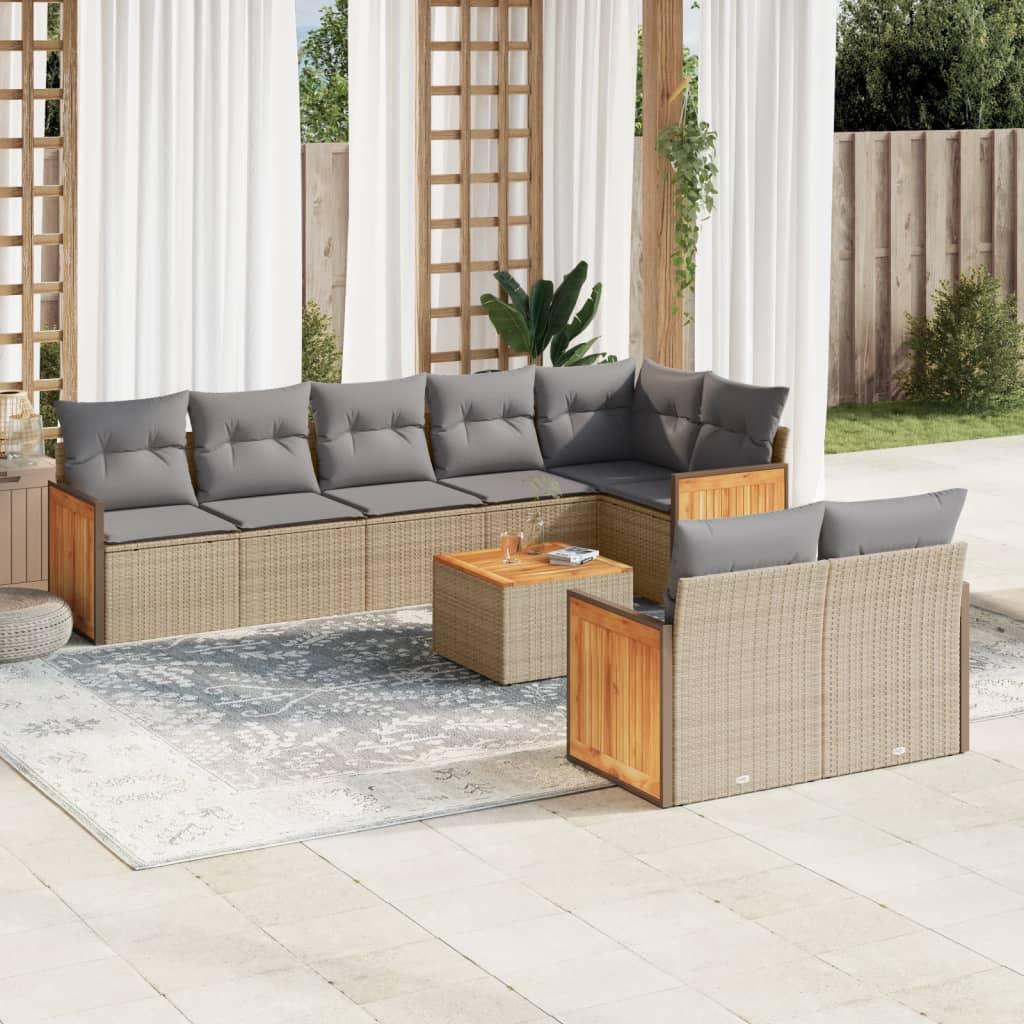 Sofasæt til haven i polyrattan, 9 dele med hynder - beige