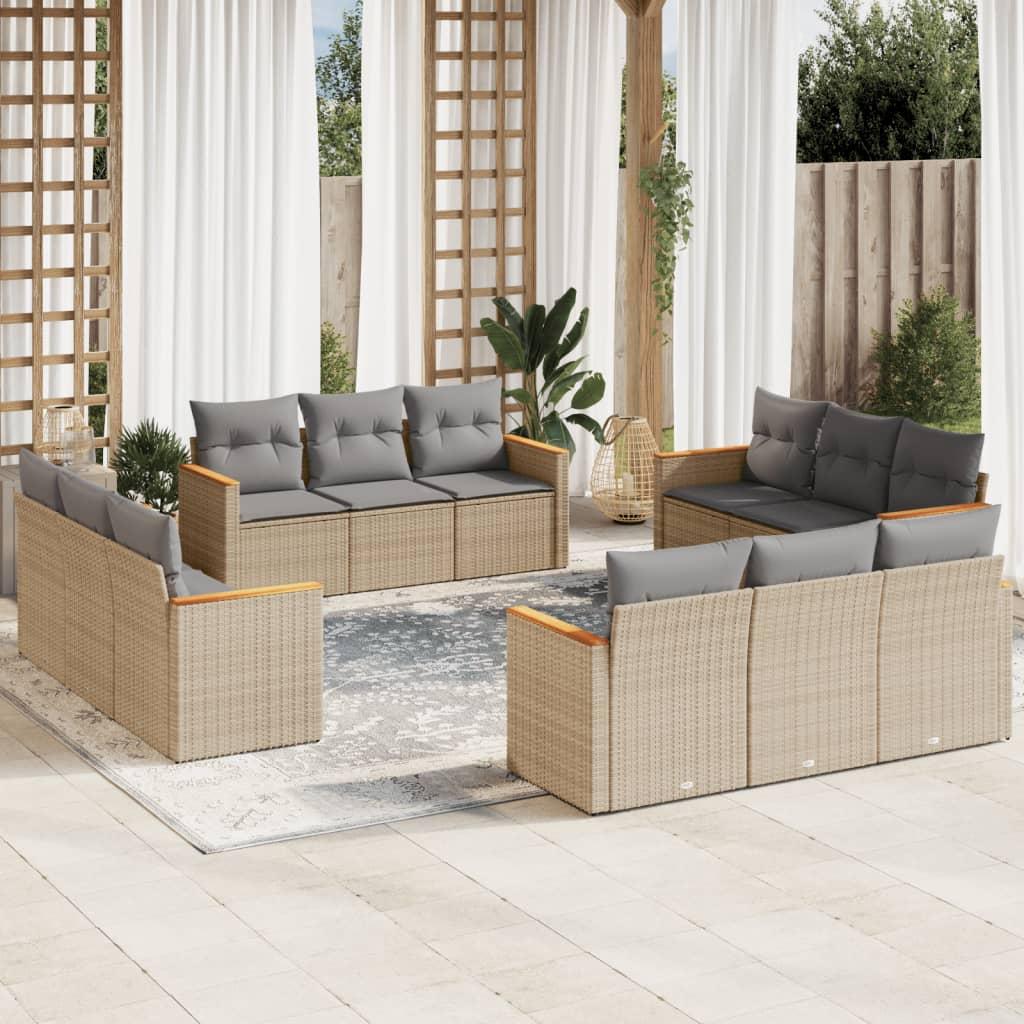 Sofasæt til haven i polyrattan, 12 dele, beige med hynder billede