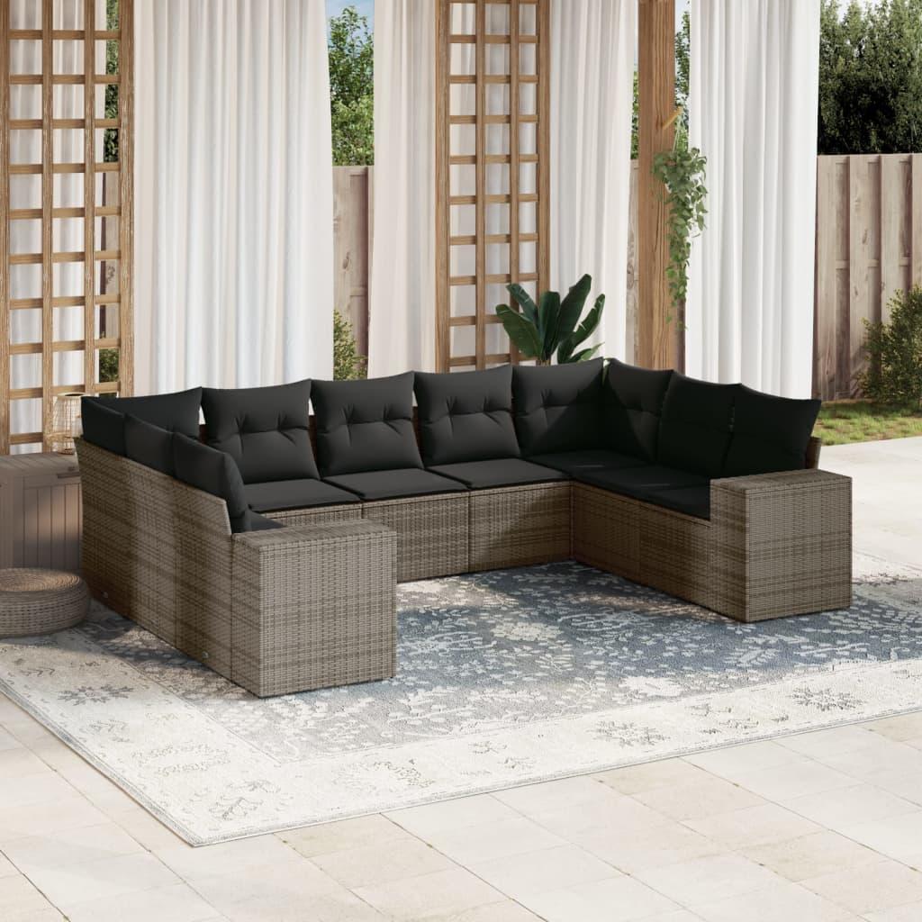 Sofasæt til haven i polyrattan - 9 dele med hynder, grå