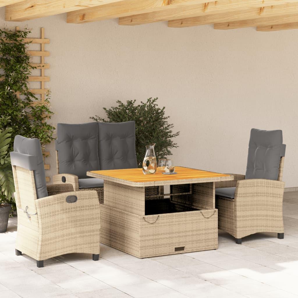 Spisebordssæt til haven 4 dele med hynder polyrattan beige