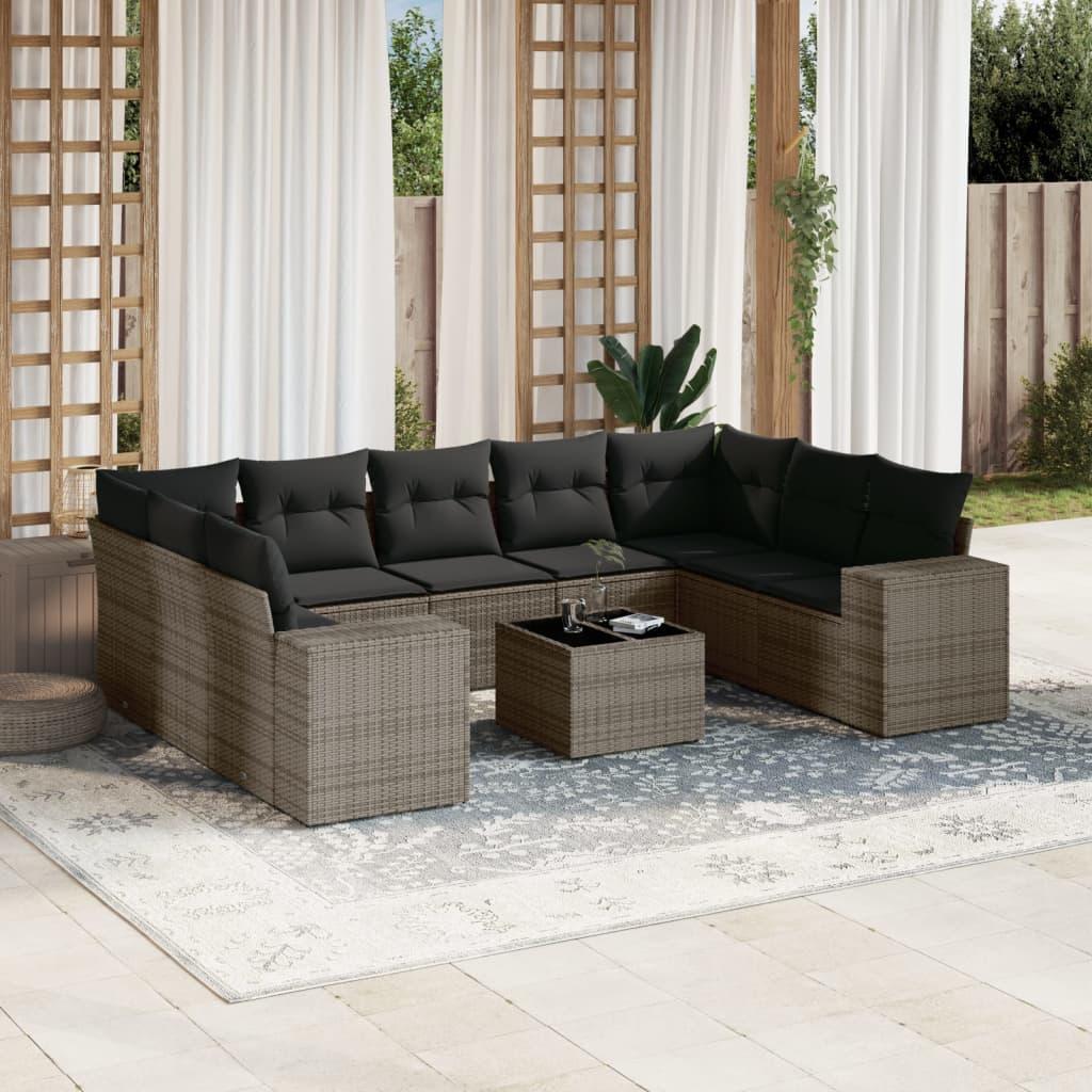 Havesofasæt i polyrattan - 10 dele med hynder, grå
