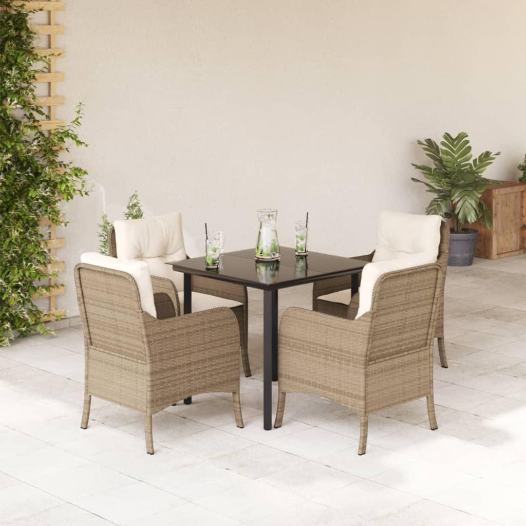 Spisebordssæt til haven 5 dele med hynder polyrattan beige