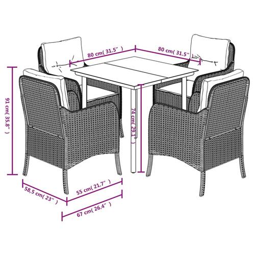 Spisebordssæt til haven 5 dele med hynder polyrattan beige