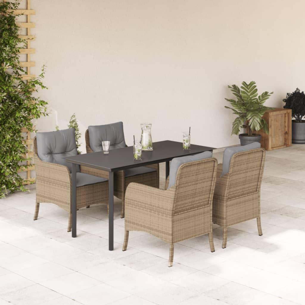 Spisebordssæt til haven 5 dele med hynder polyrattan beige