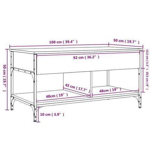 Sofabord 100x50x50 cm konstrueret træ og metal grå sonoma-eg