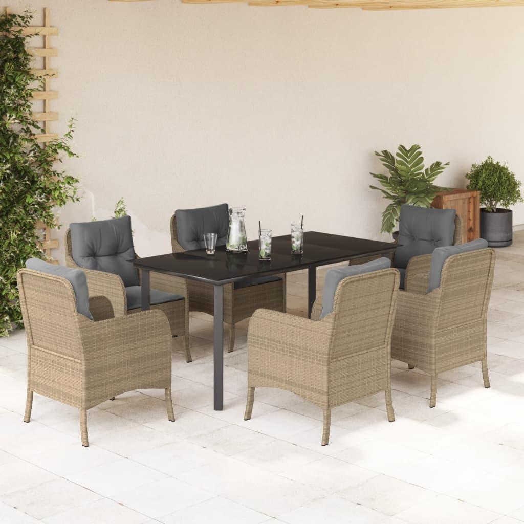Spisebordssæt til haven 7 dele med hynder polyrattan beige