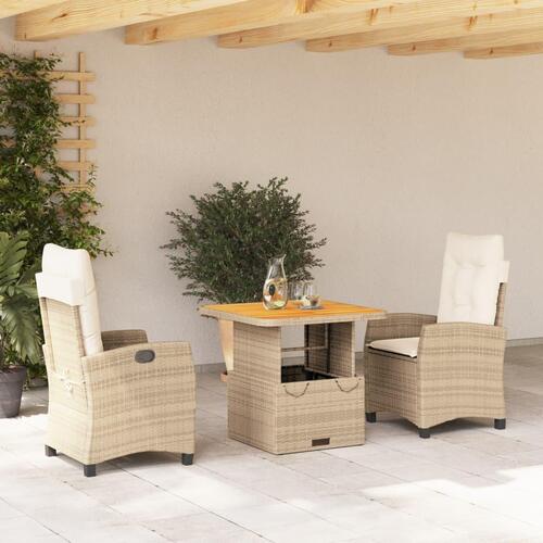 Spisebordssæt til haven 3 dele med hynder polyrattan beige