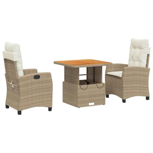 Spisebordssæt til haven 3 dele med hynder polyrattan beige