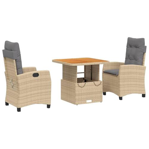 Spisebordssæt til haven 3 dele med hynder polyrattan beige