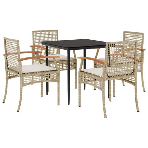 Spisebordssæt til haven 5 dele med hynder polyrattan beige