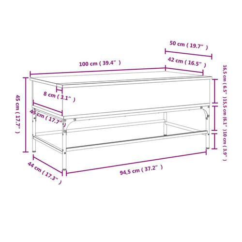 Sofabord 100x50x45 cm konstrueret træ og metal sonoma-eg