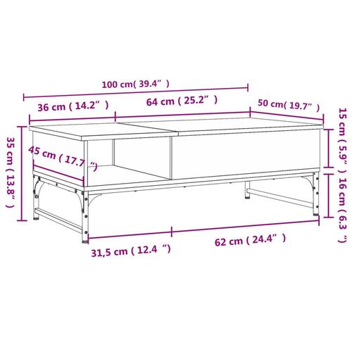 Sofabord 100x50x35 cm konstrueret træ og metal brunt egetræ