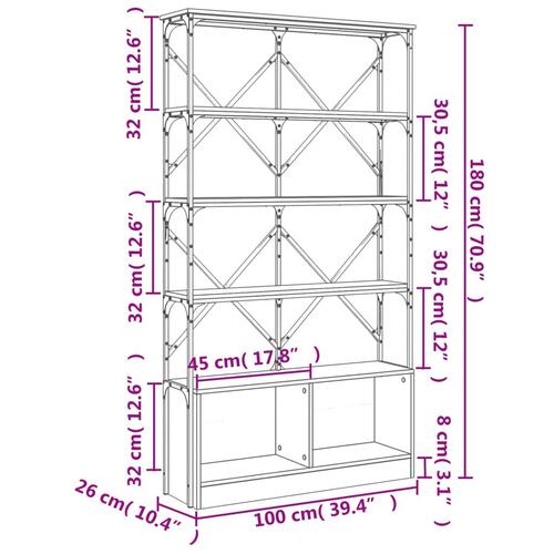 Bogreol 100x26x180 cm konstrueret træ og metal brunt eg