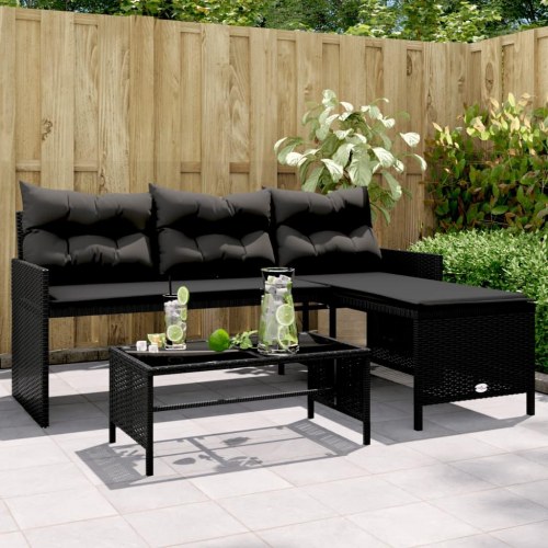 L-formet havesofa med bord og hynder i polyrattan - sort