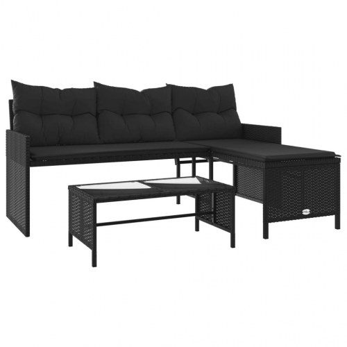 L-formet havesofa med bord og hynder i polyrattan - sort