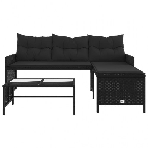 L-formet havesofa med bord og hynder i polyrattan - sort