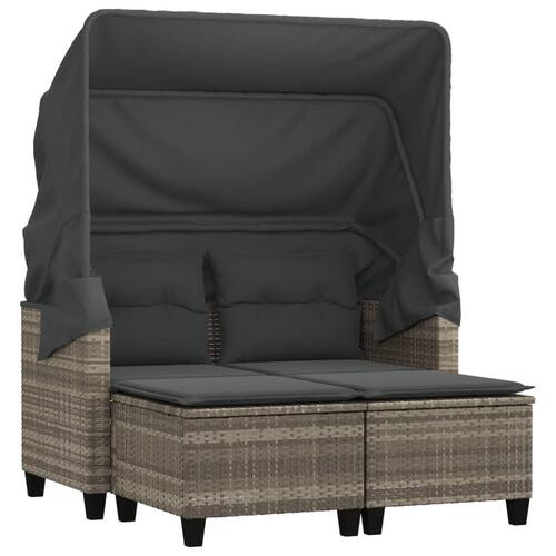 2-personers havesofa med baldakin og skamler polyrattan lysegrå