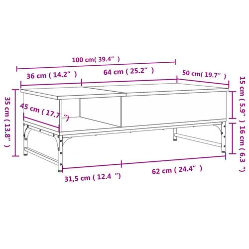 Sofabord 100x50x35 cm konstrueret træ og metal grå sonoma-eg