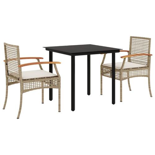 Spisebordssæt til haven 3 dele med hynder polyrattan beige