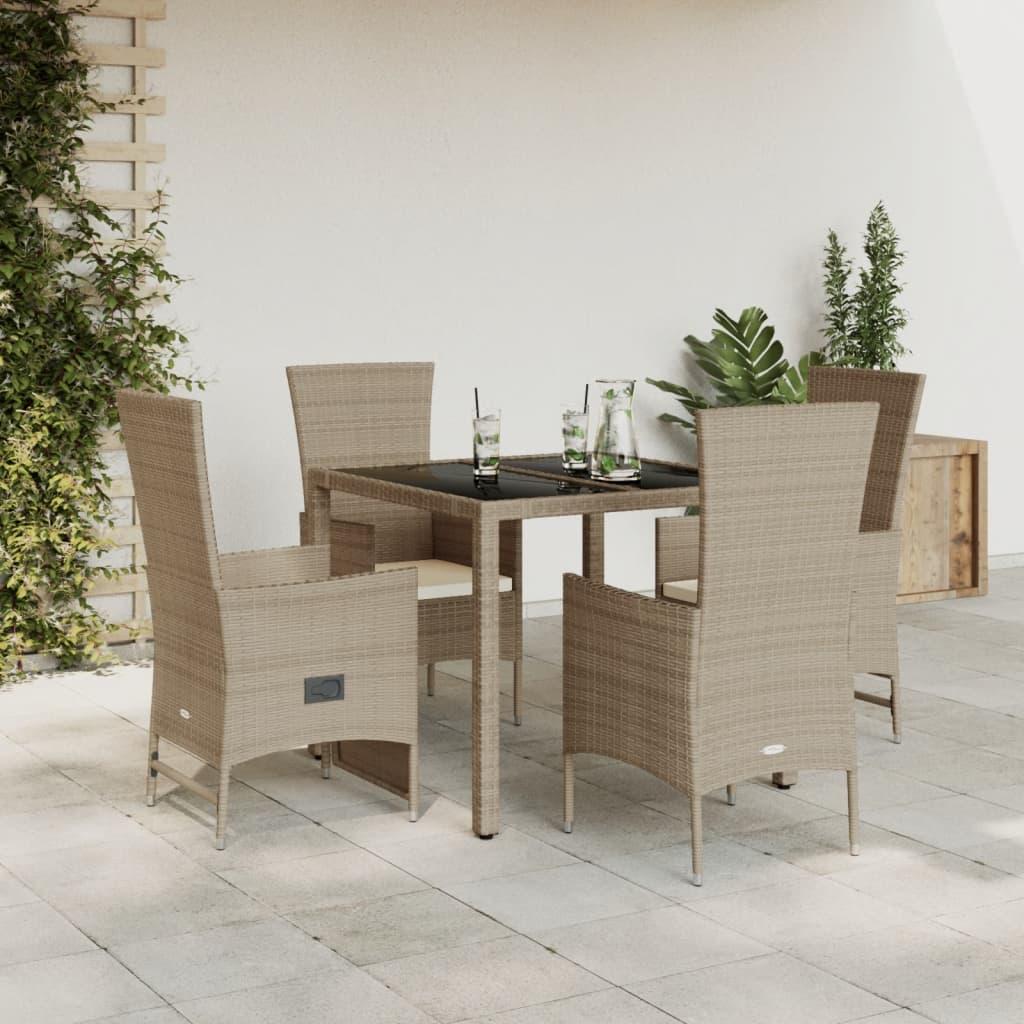 Spisebordssæt til haven 5 dele med hynder polyrattan beige