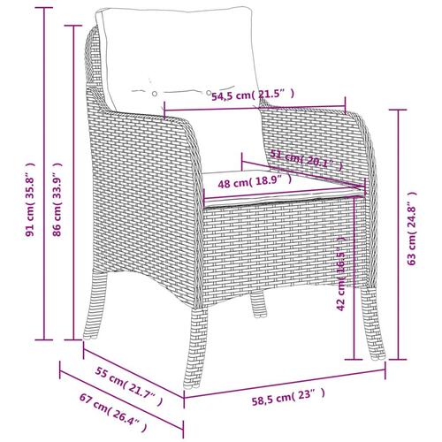 Havestole med hynder 2 stk. polyrattan brun
