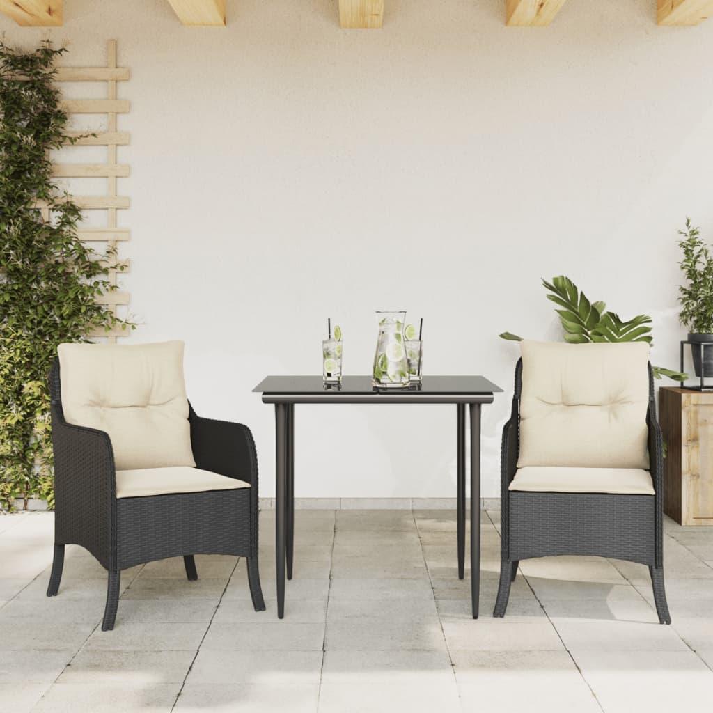 Spisebordssæt til haven 3 dele med hynder polyrattan sort