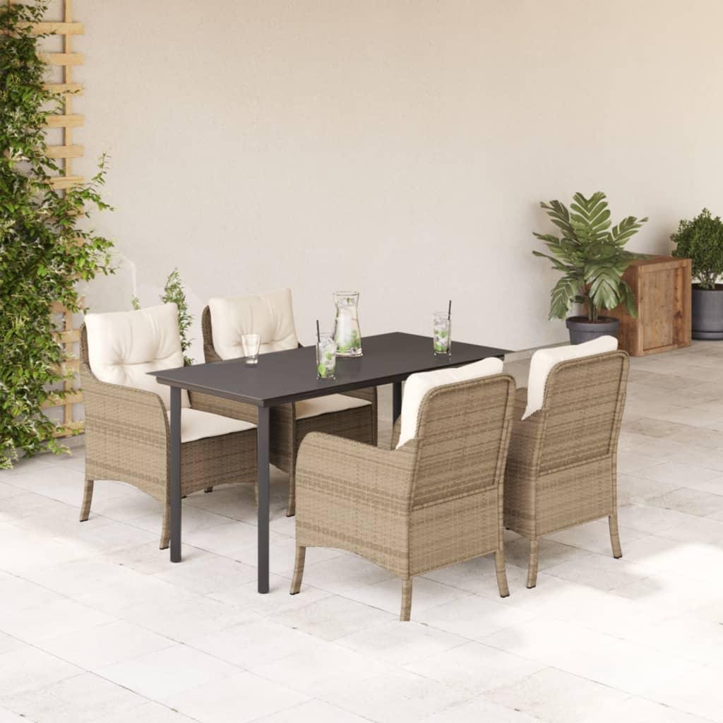 Spisebordssæt til haven 5 dele med hynder polyrattan beige