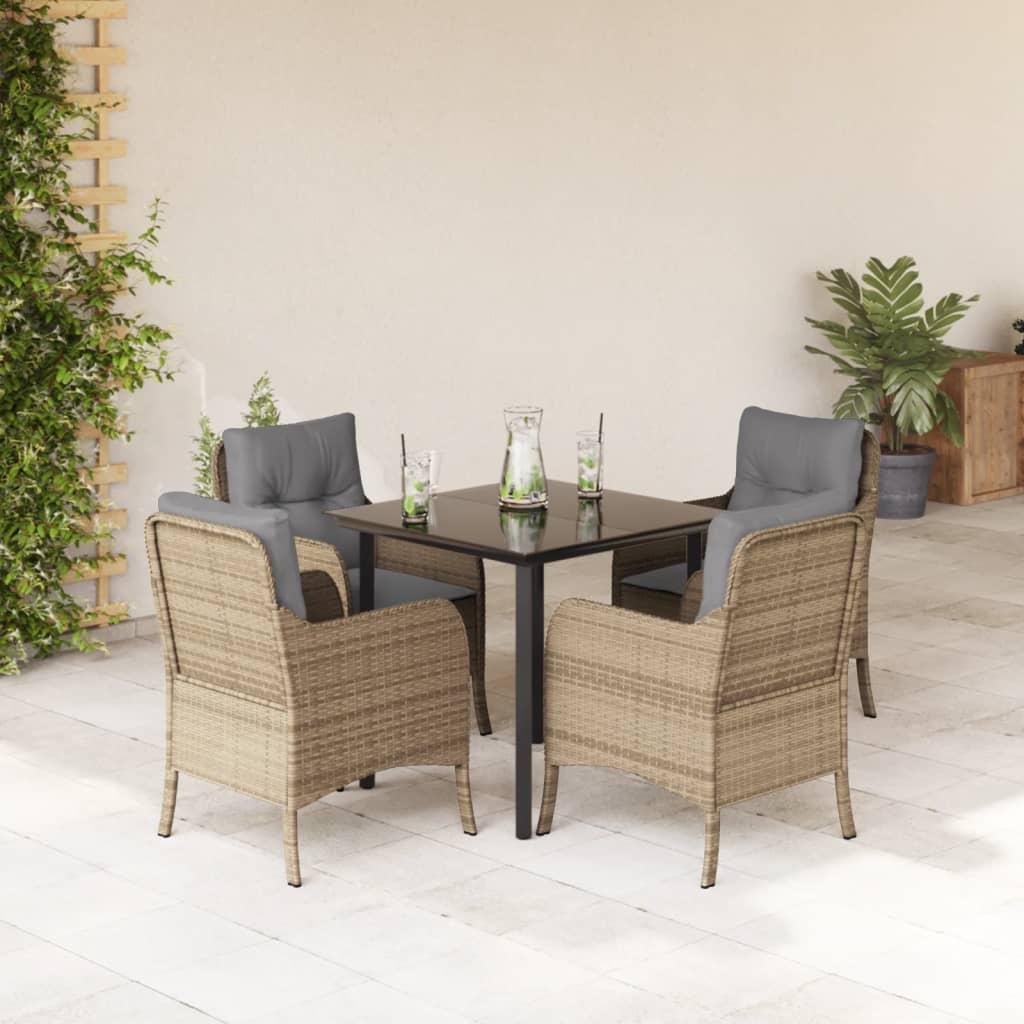 Spisebordssæt til haven 5 dele med hynder polyrattan beige
