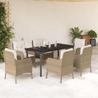 Spisebordssæt til haven 7 dele med hynder polyrattan beige