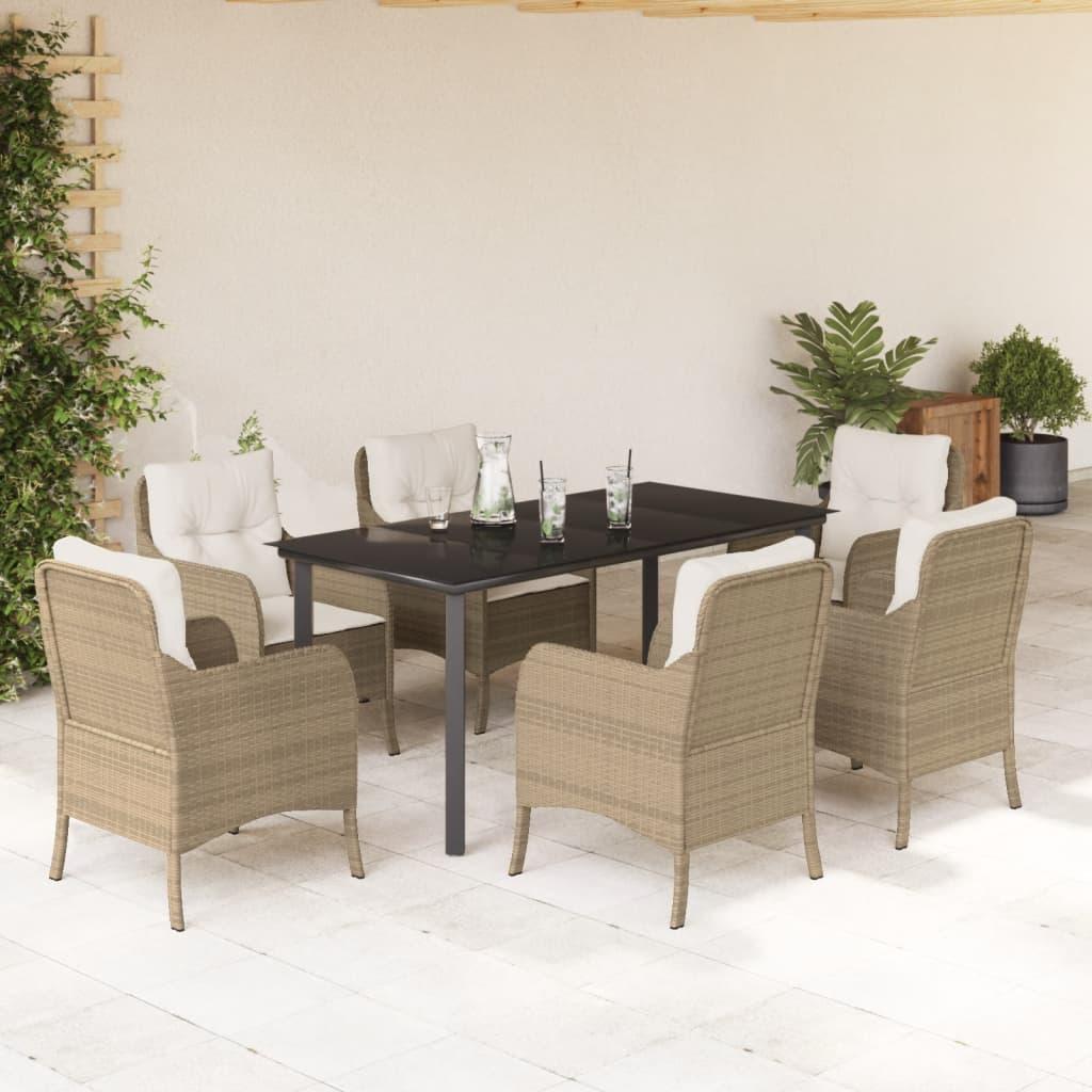 Spisebordssæt til haven 7 dele med hynder polyrattan beige