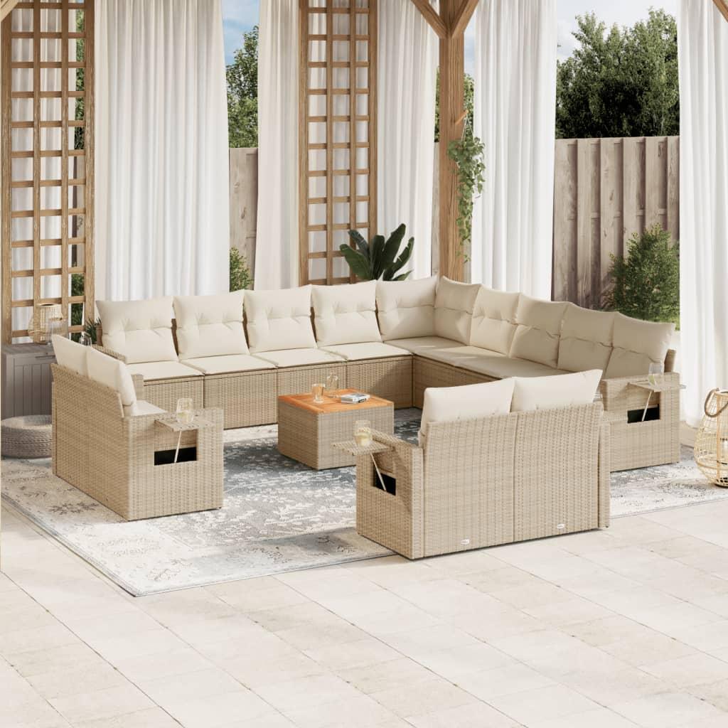 Sofasæt til haven 14 dele med hynder i polyrattan beige billede
